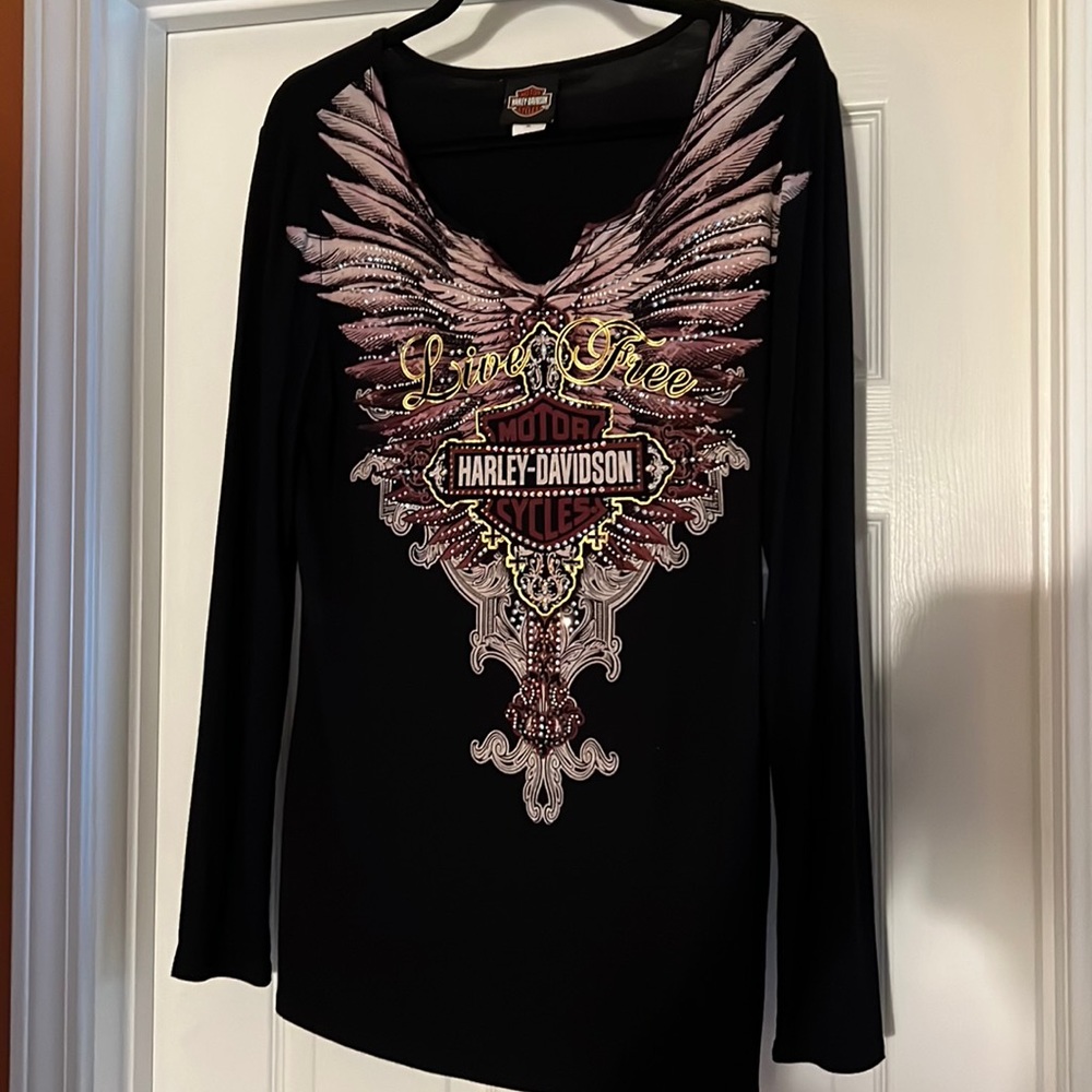 Harley-Davidson Black Long Sleeve Tee with Pink and Gold Graphic